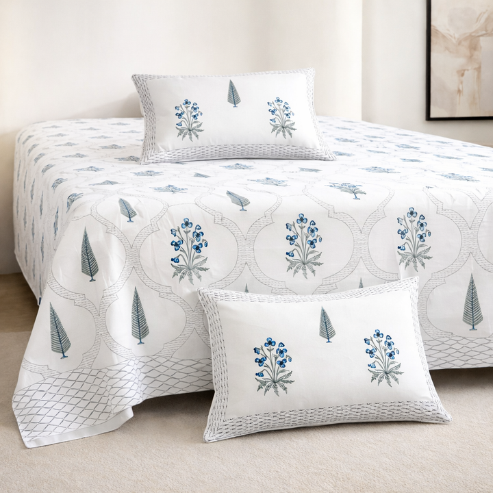 blue jharokha jaal Hand Block Printed Cotton King Bedsheet Set | 90x108 | 240 TC