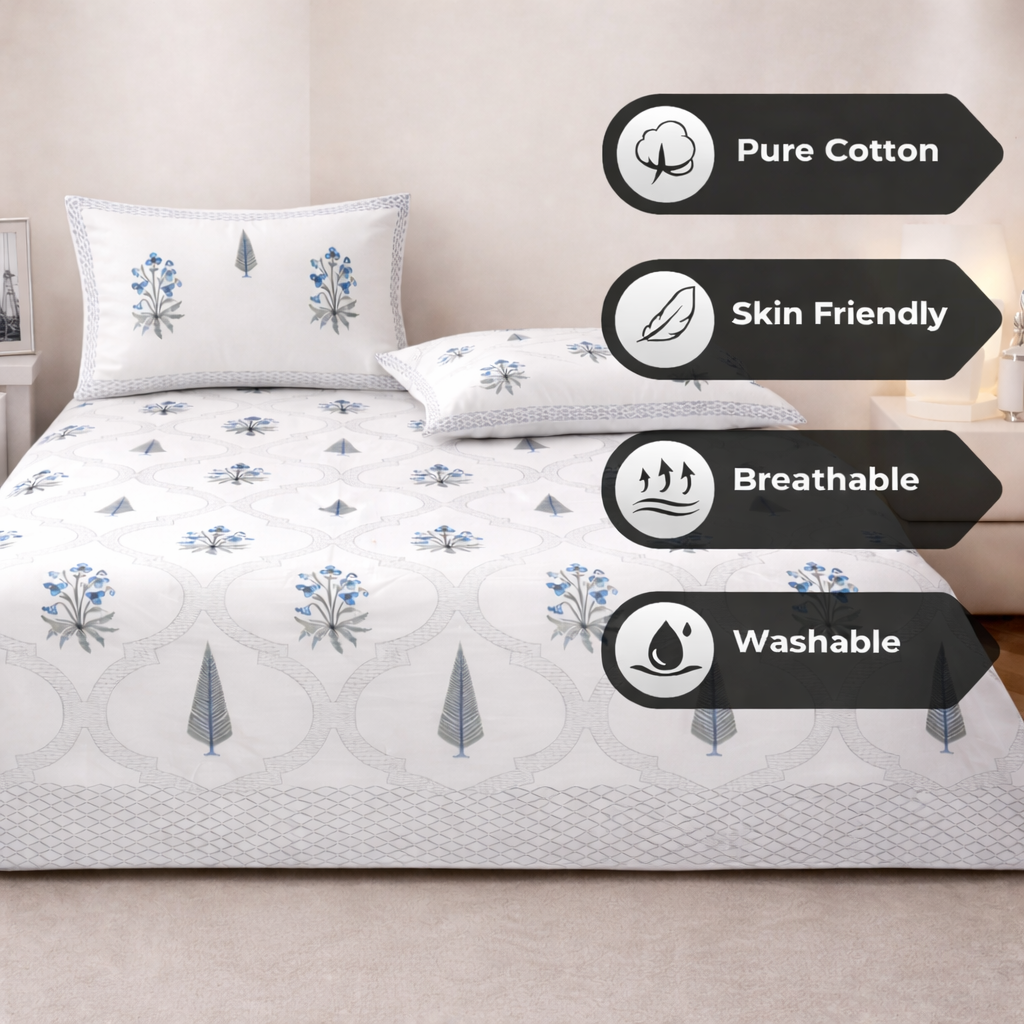 blue jharokha jaal Hand Block Printed Cotton King Bedsheet Set | 90x108 | 240 TC