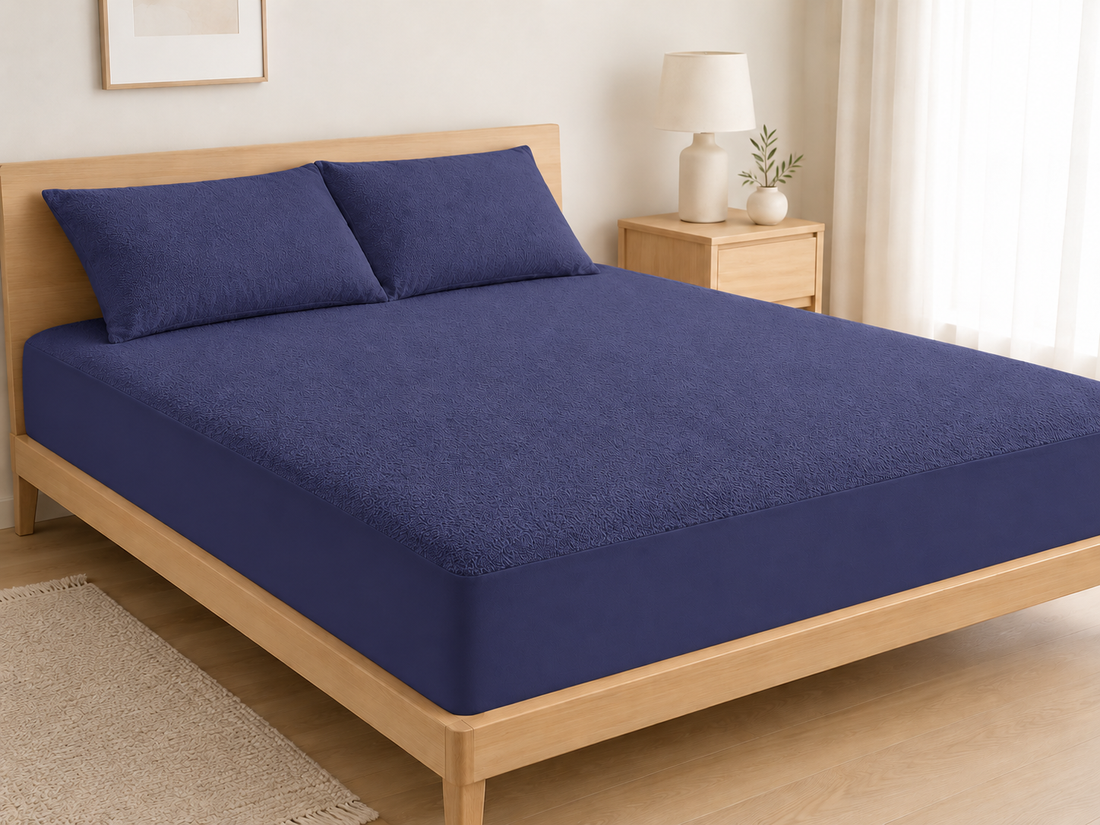 Water Proof Terry Cotton Feel Mattress Protector | Classic Blue | Machine Washable | Super Soft | Fits Mattress Upto 10 inches