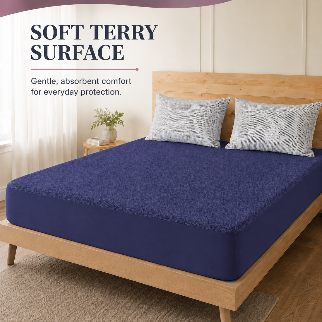 Water Proof Terry Cotton Feel Mattress Protector | Classic Blue | Machine Washable | Super Soft | Fits Mattress Upto 10 inches
