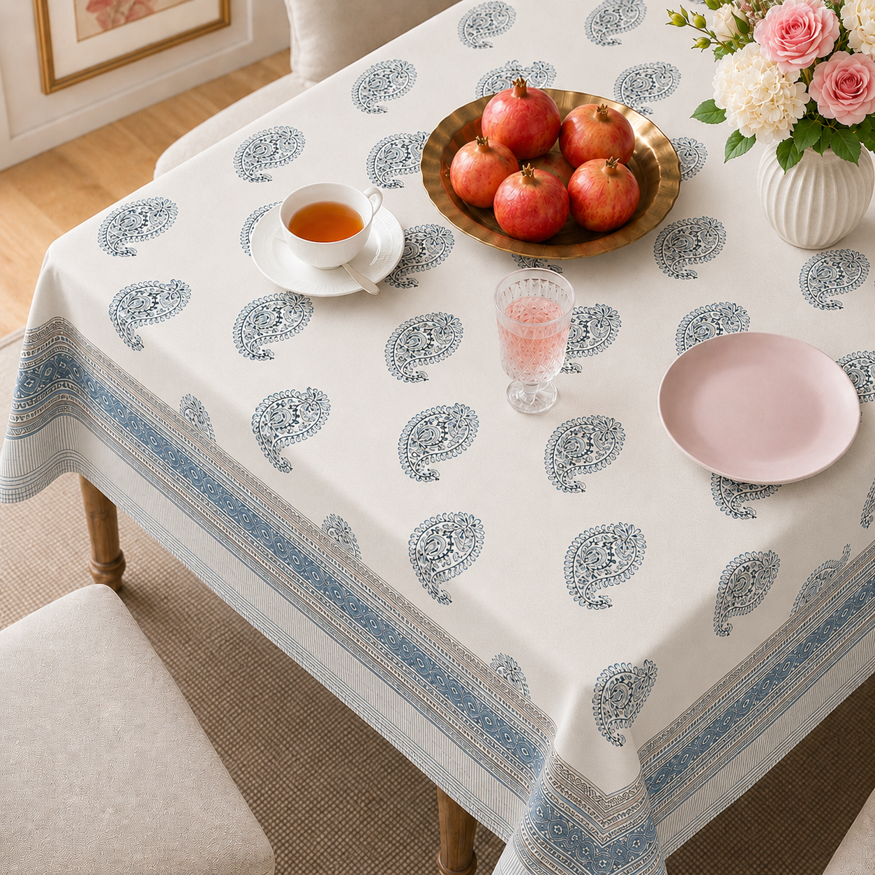 Blue Paisley Hand Block Printed Cotton Table Cover I 6 Seater