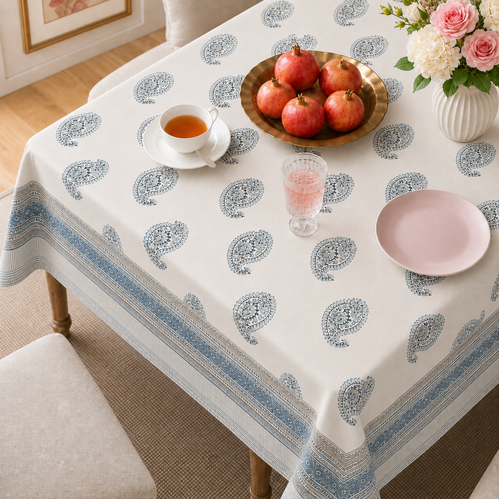 Blue Paisley Hand Block Printed Cotton Table Cover I 6 Seater