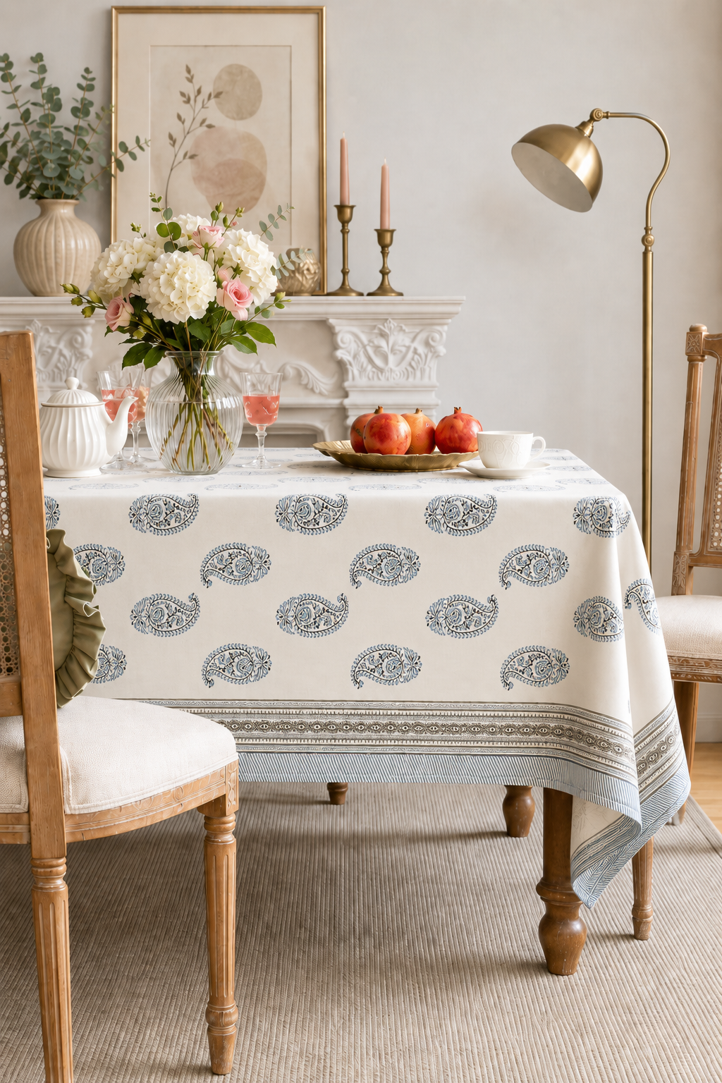 Blue Paisley Hand Block Printed Cotton Table Cover I 6 Seater
