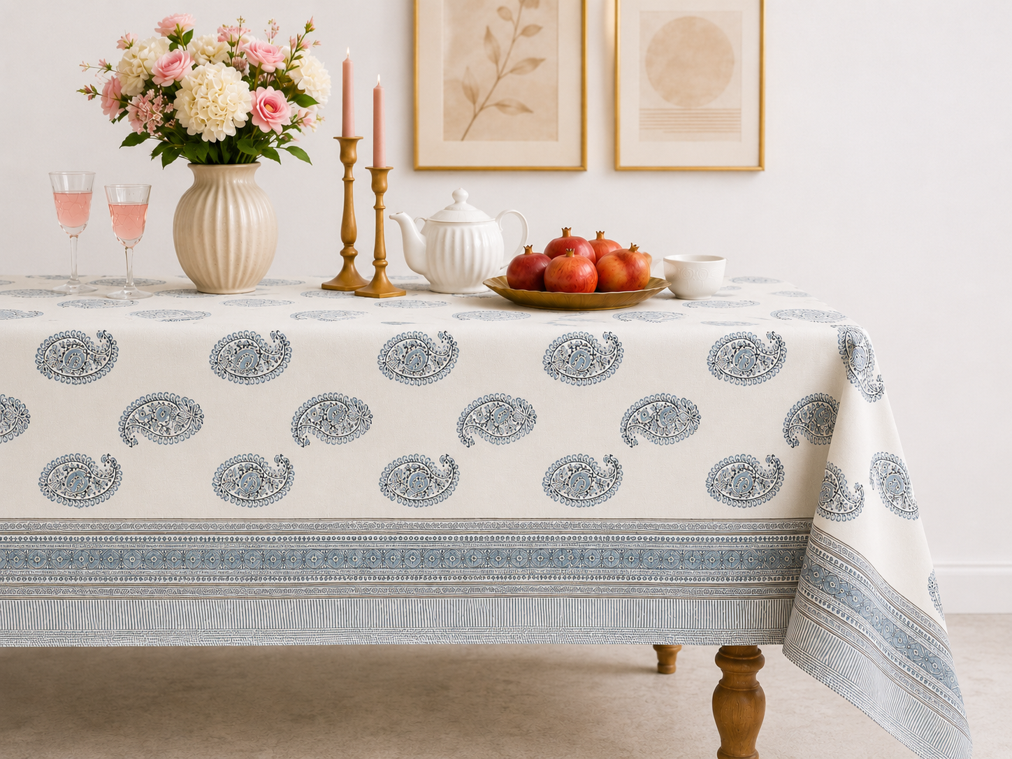 Blue Paisley Hand Block Printed Cotton Table Cover I 6 Seater