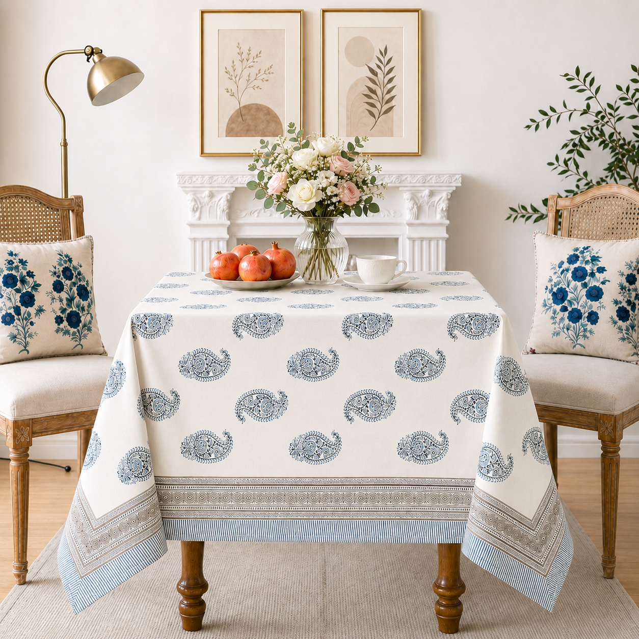 Blue Paisley Hand Block Printed Cotton Table Cover I 6 Seater