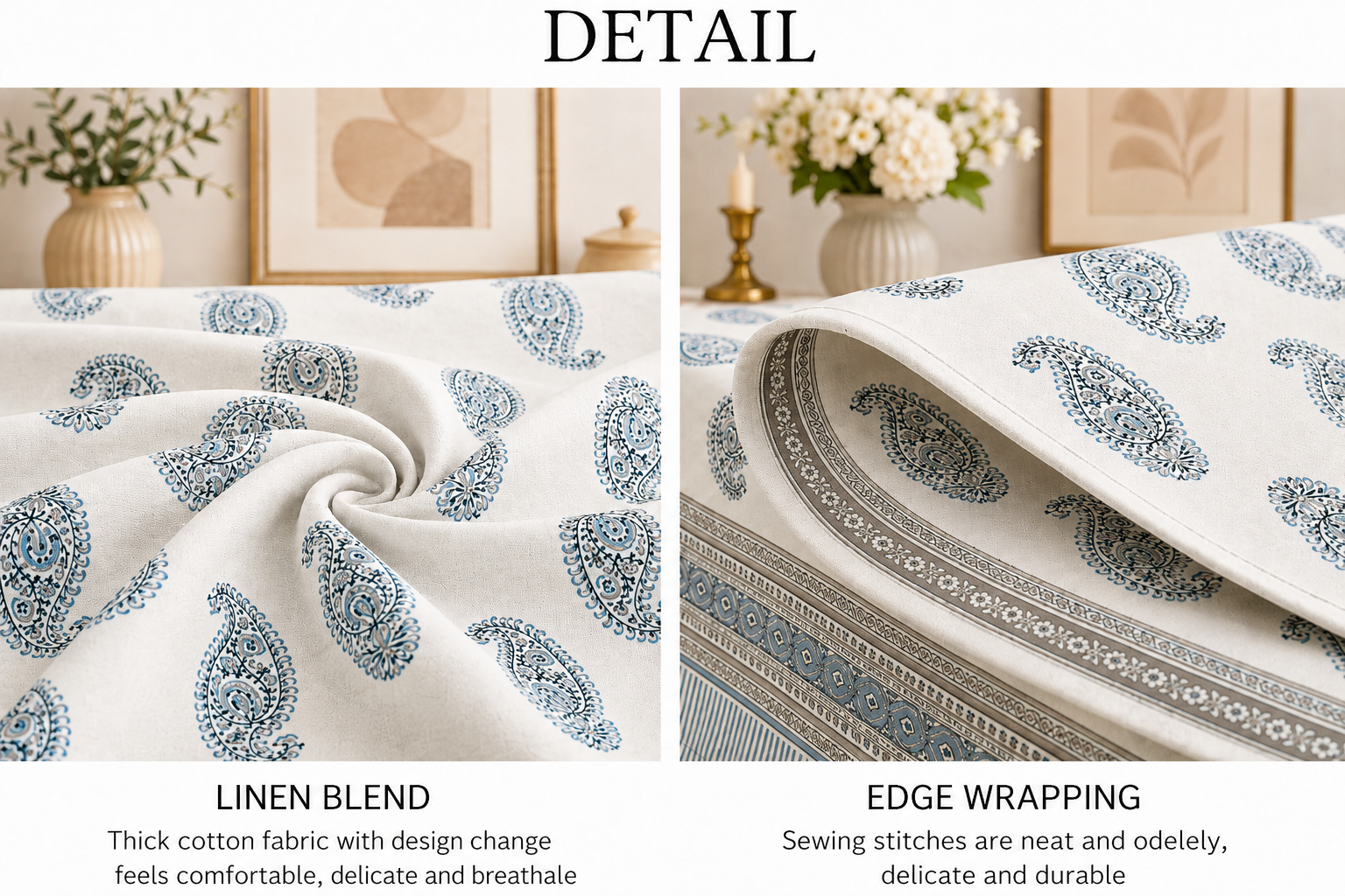 Blue Paisley Hand Block Printed Cotton Table Cover I 6 Seater