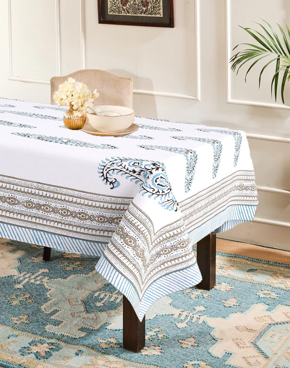 Blue hand block printed cotton table cover 6 seater 60x90 inches