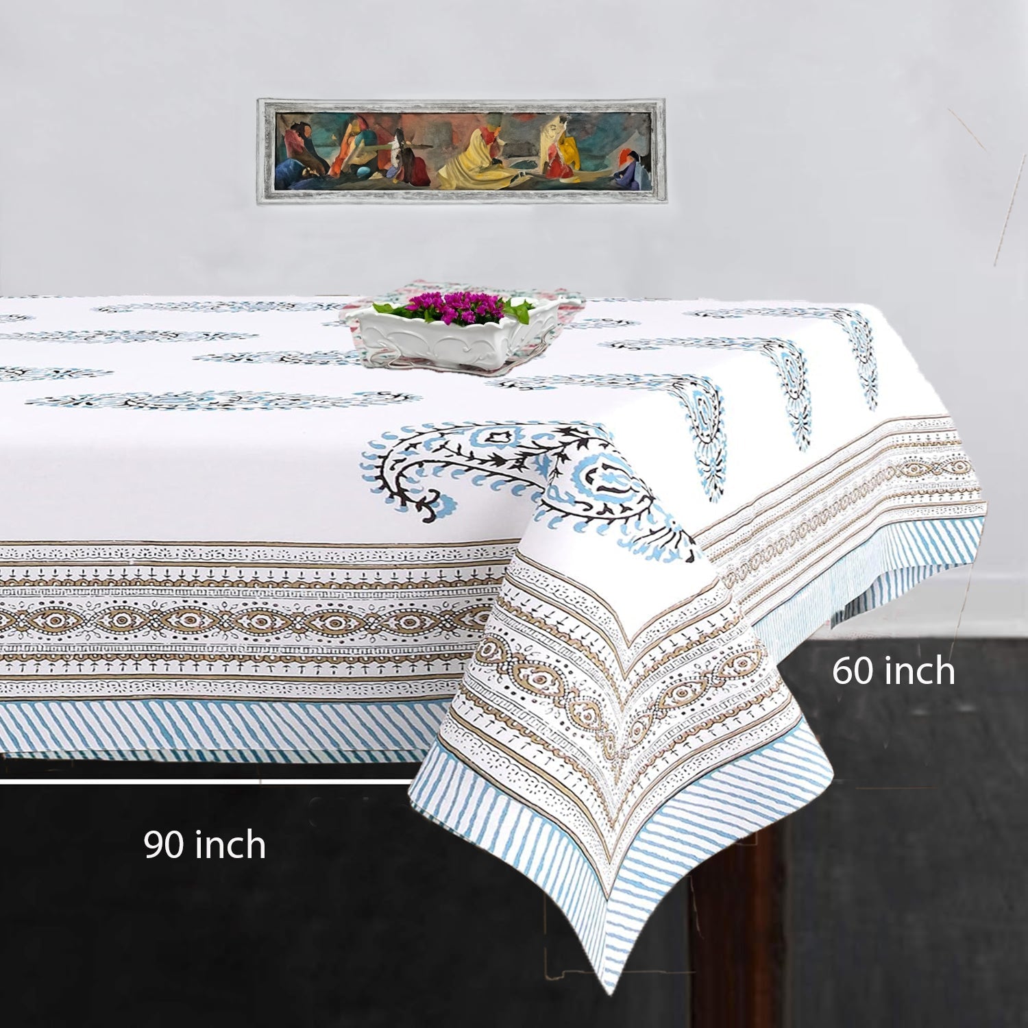 Blue Paisley Hand Block Printed Cotton Table Cover I 6 Seater