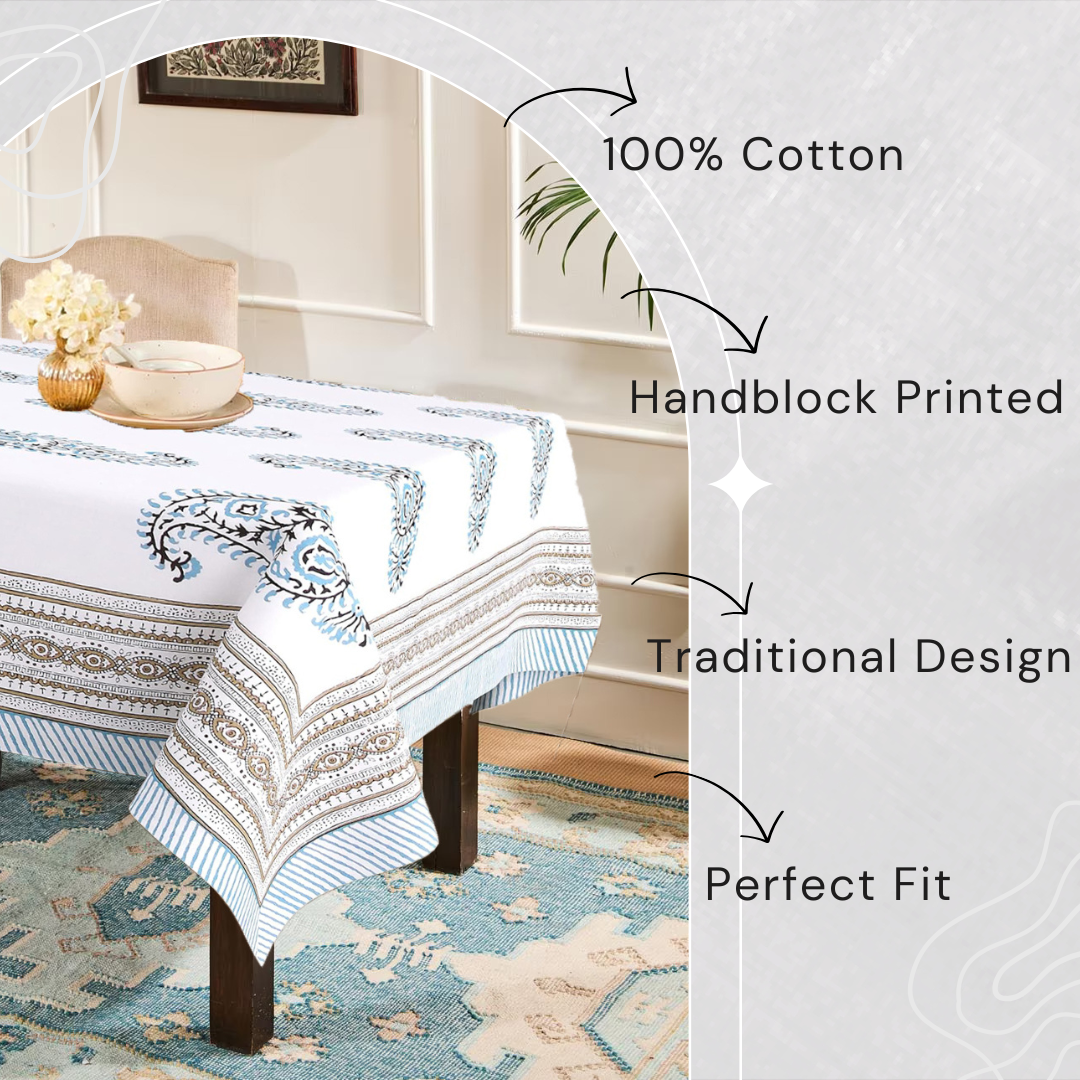Blue Paisley Hand Block Printed Cotton Table Cover I 6 Seater