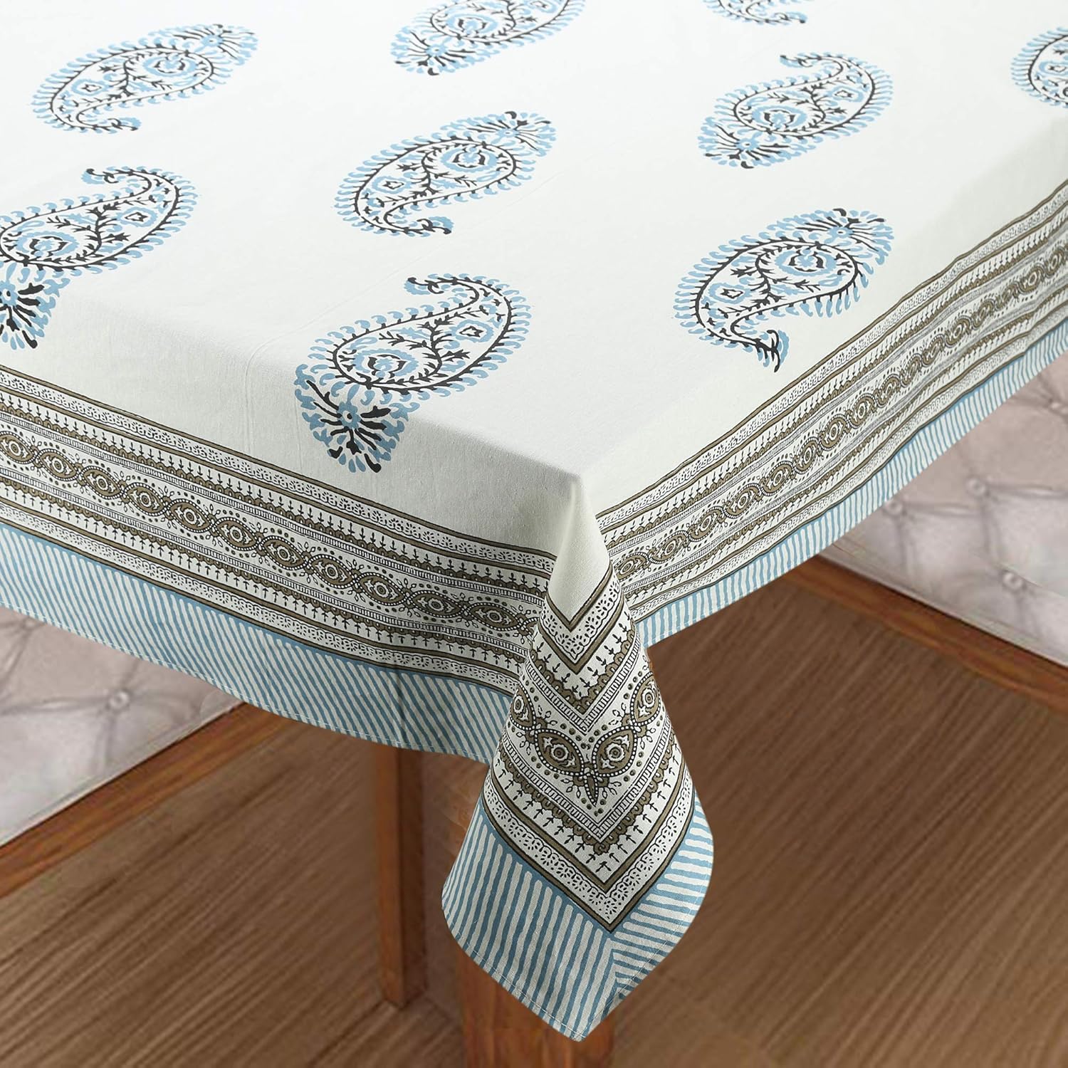 Blue Paisley Hand Block Printed Cotton Table Cover I 6 Seater