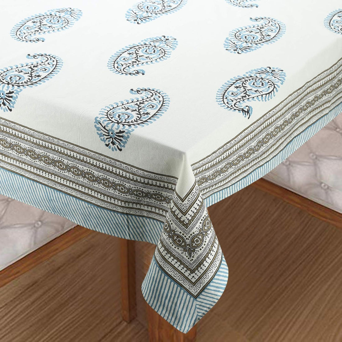 Blue Paisley Hand Block Printed Cotton Table Cover I 6 Seater