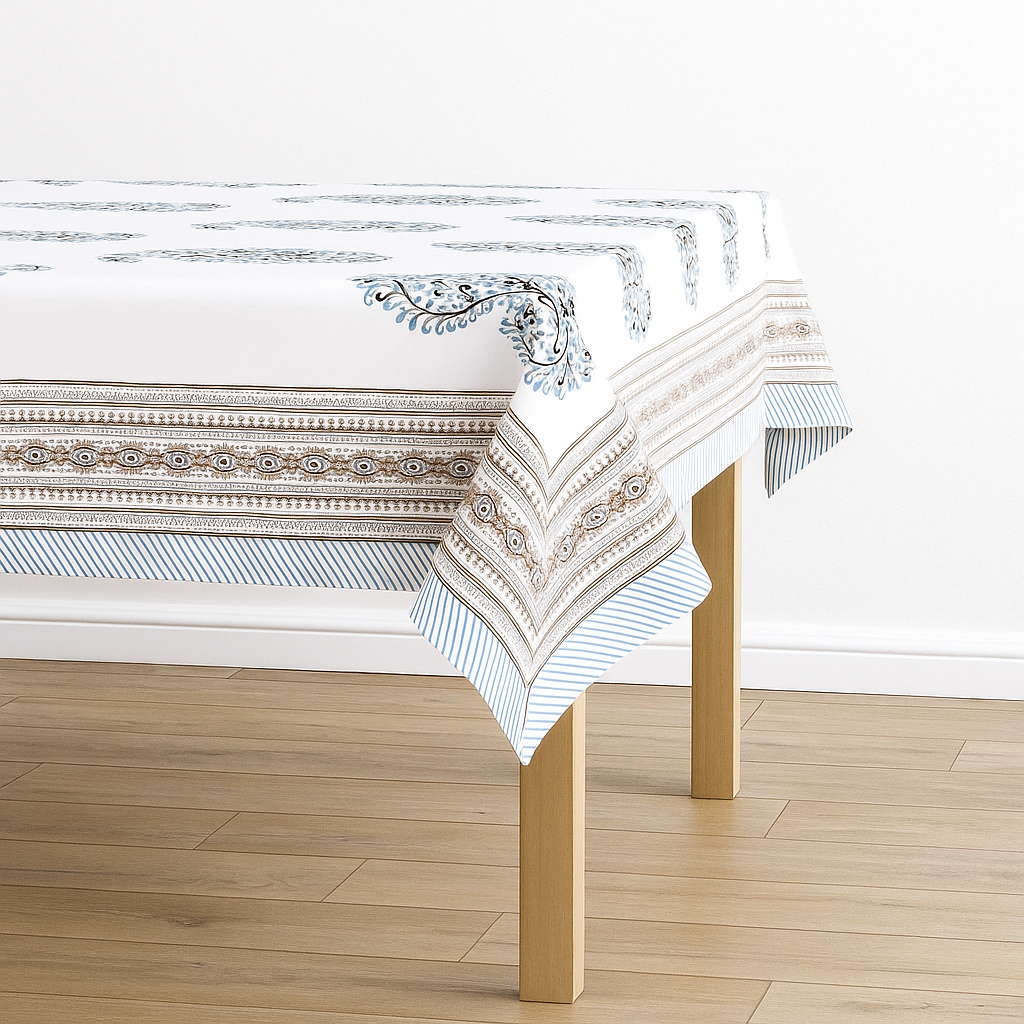 Blue Paisley Hand Block Printed Cotton Table Cover I 6 Seater