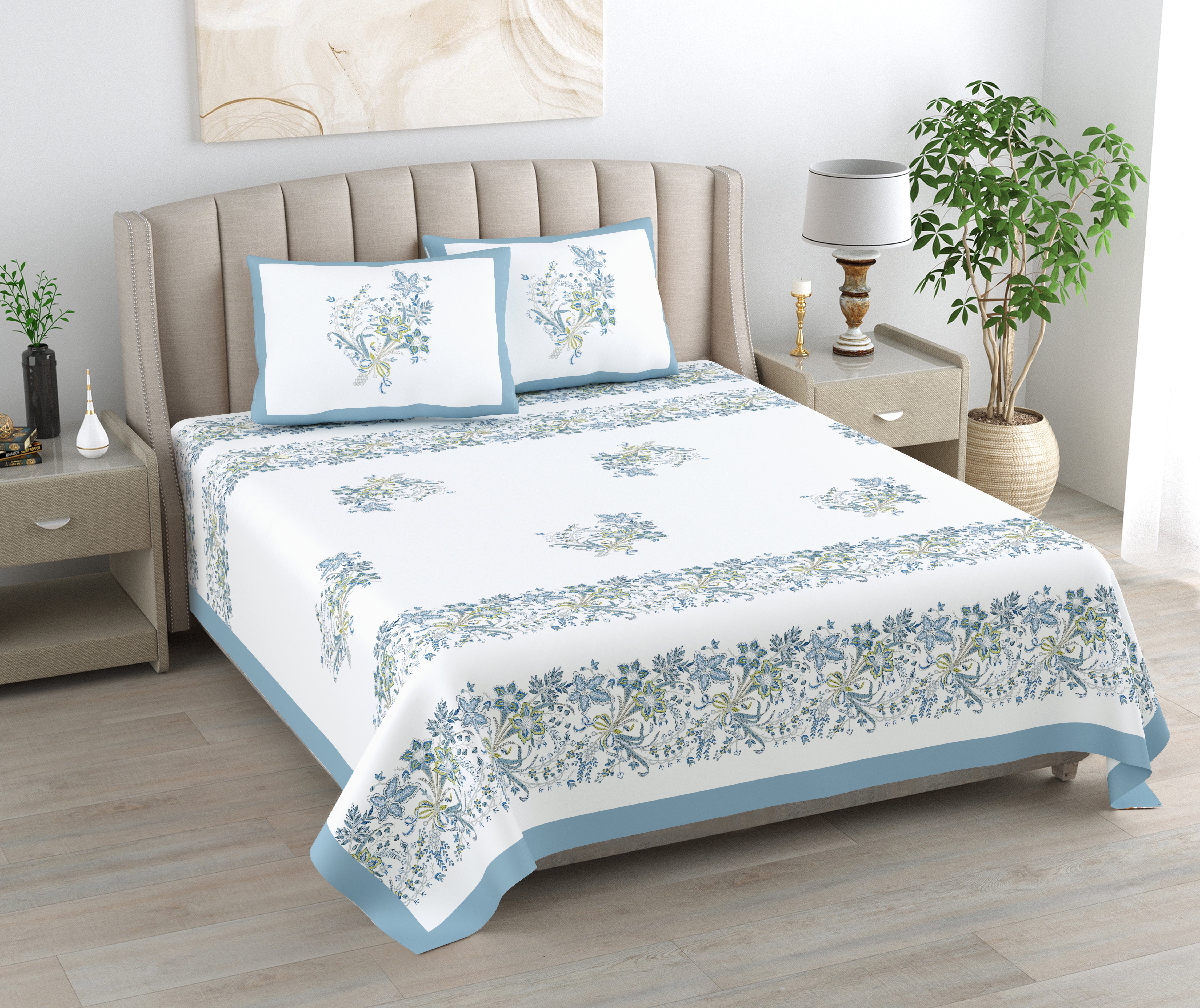 Blue Serenity Hand Block Printed Cotton King Bedsheet Set