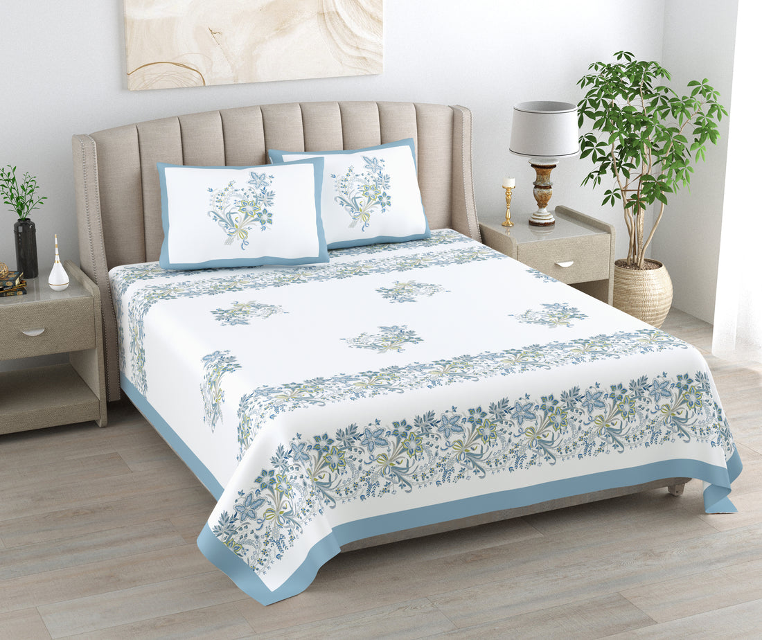 Blue Serenity Hand Block Printed Cotton King Bedsheet Set