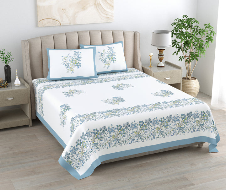 Blue Serenity Hand Block Printed Cotton King Bedsheet Set