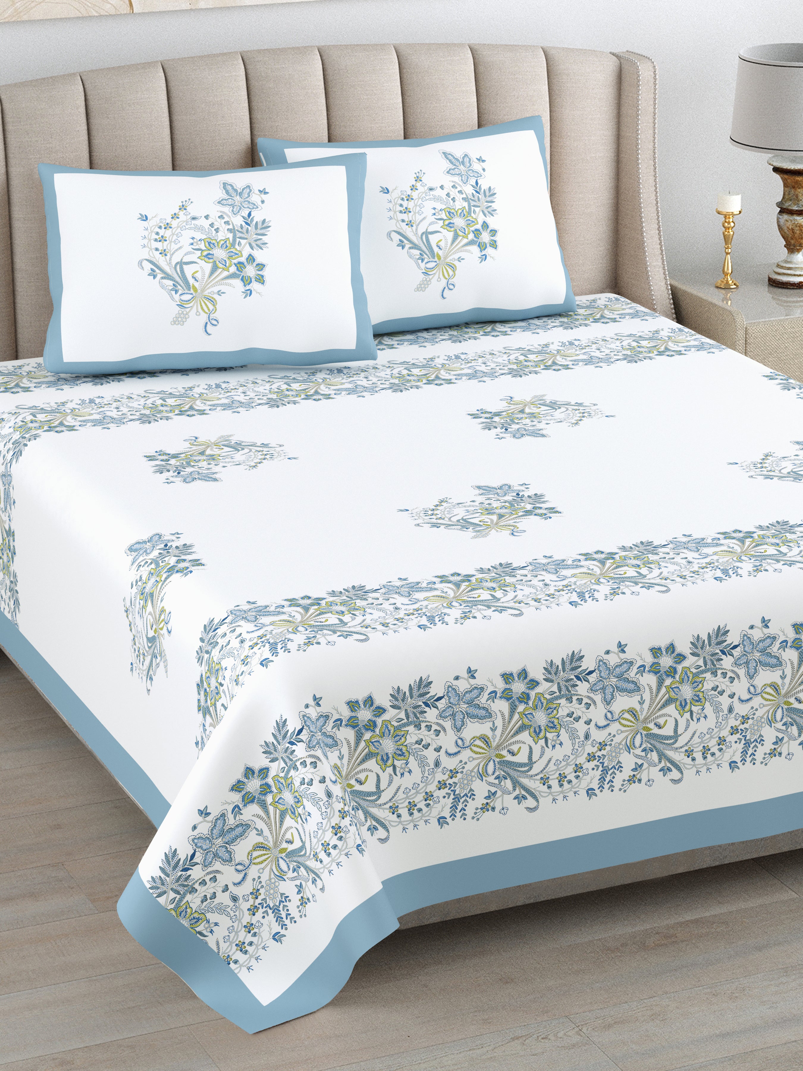 Blue Serenity Hand Block Printed Cotton King Bedsheet Set | 90x108 | 240 TC