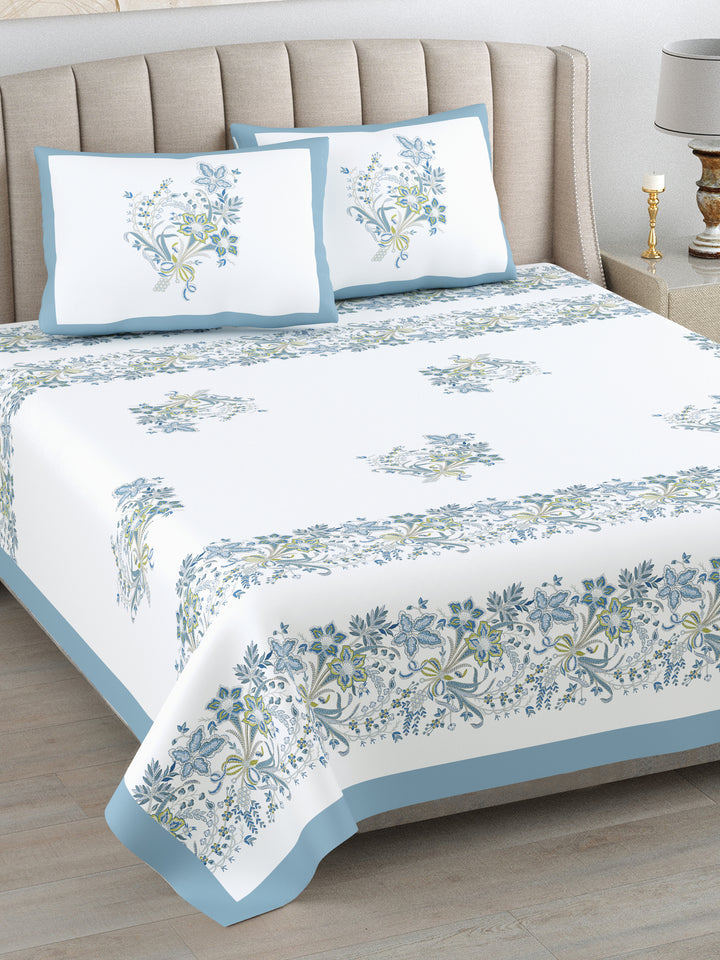 Blue Serenity Hand Block Printed Cotton King Bedsheet Set | 90x108 | 240 TC