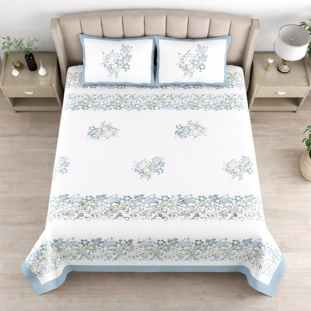 Blue Serenity Hand Block Printed Cotton King Bedsheet Set | 90x108 | 240 TC