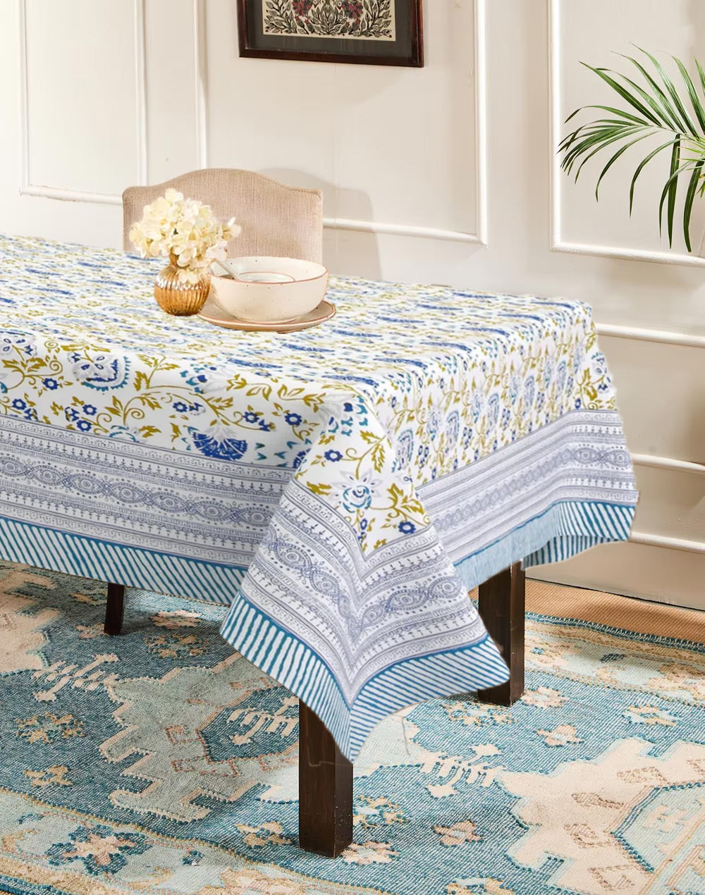 Blue hand block printed cotton table cover 6 seater 60x90 inches