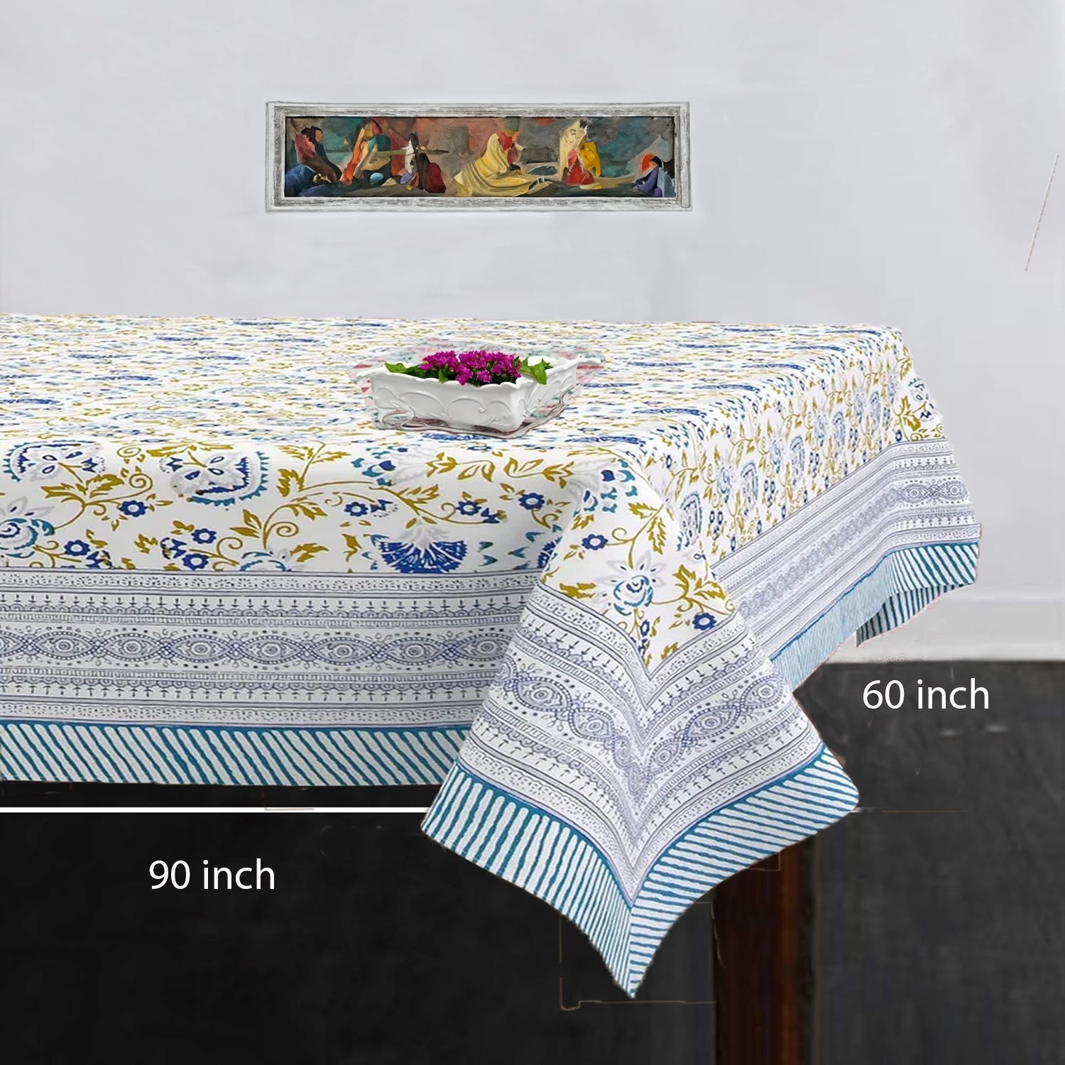 Blue Shalimar Jaal Hand Block Printed Cotton Table Cover I 6 Seater