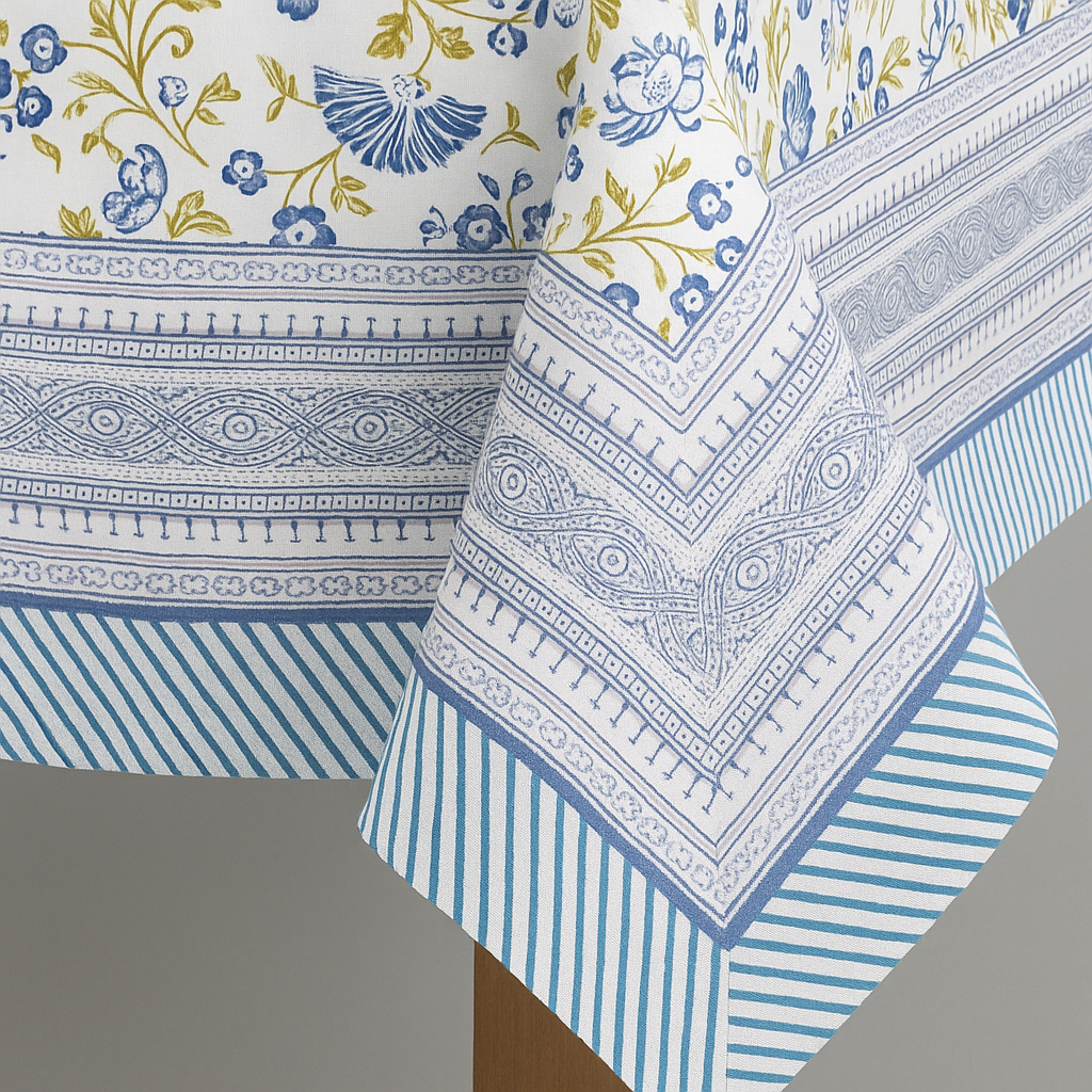 Blue Shalimar Jaal Hand Block Printed Cotton Table Cover I 6 Seater