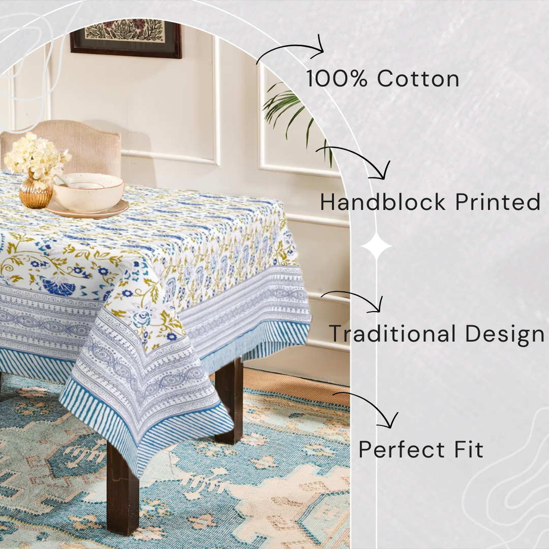 Blue Shalimar Jaal Hand Block Printed Cotton Table Cover I 6 Seater