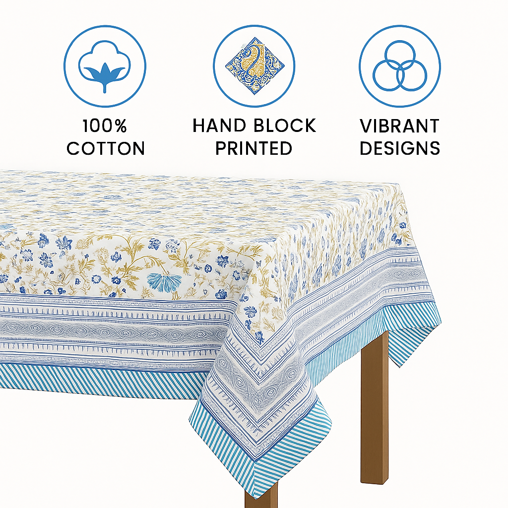 Blue Shalimar Jaal Hand Block Printed Cotton Table Cover I 6 Seater