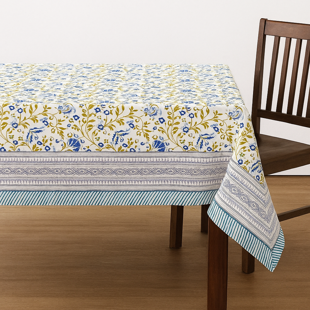 Blue Shalimar Jaal Hand Block Printed Cotton Table Cover I 6 Seater