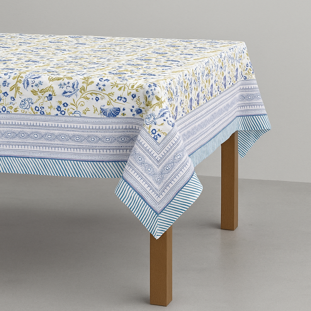 Blue Shalimar Jaal Hand Block Printed Cotton Table Cover I 6 Seater