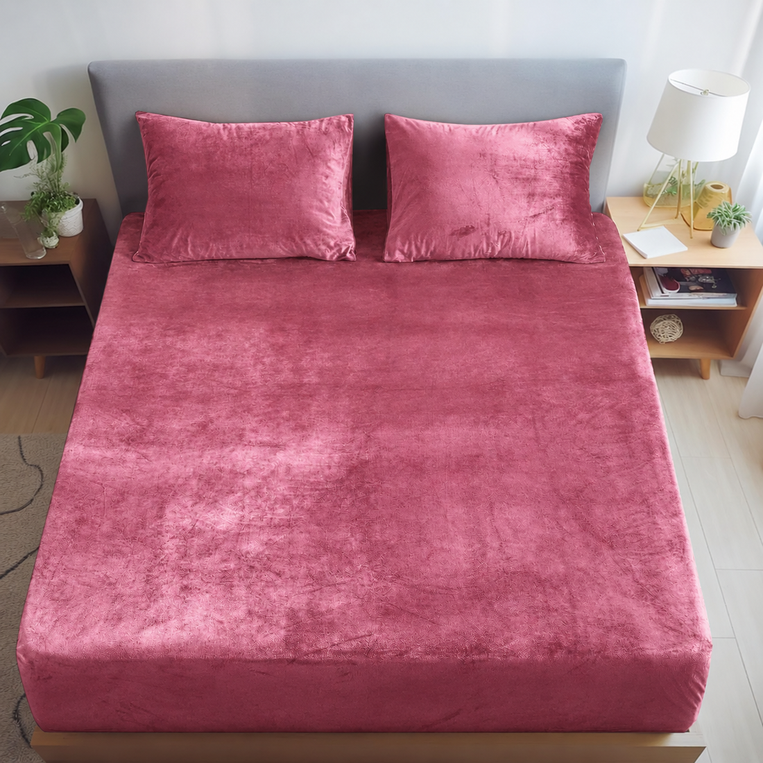 Blush Warmth Flannel Elastic Fitted King Bedsheet (78×72×8 Inch) with 2 Pillow Covers (18×28 Inch) | Soft & Cozy Winter Bedding