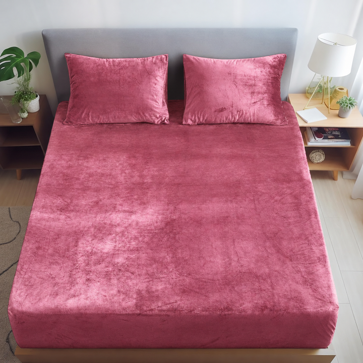 Blush Warmth Flannel Elastic Fitted King Bedsheet (78×72×8 Inch) with 2 Pillow Covers (18×28 Inch) | Soft & Cozy Winter Bedding