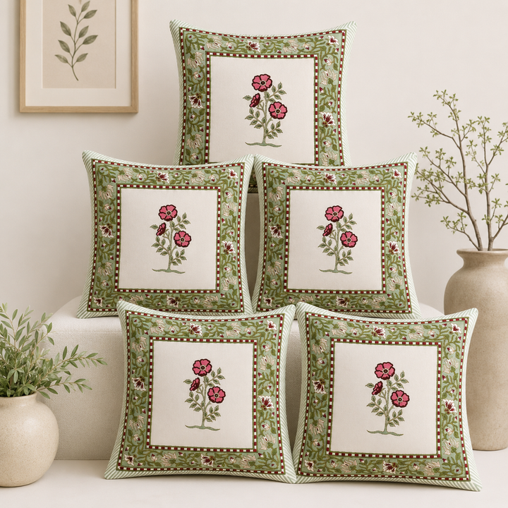 Blush Bloom yellow hand block printed cotton cushion covers 16x16 inches pack of 5