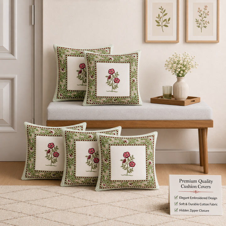Blush Bloom Cushion Covers 16x16 Inches Pack of 5 | Jaipuri Hand Block Print Cotton Pillow Covers | Soft 300 TC Decorative Throw Cushion Cover Set