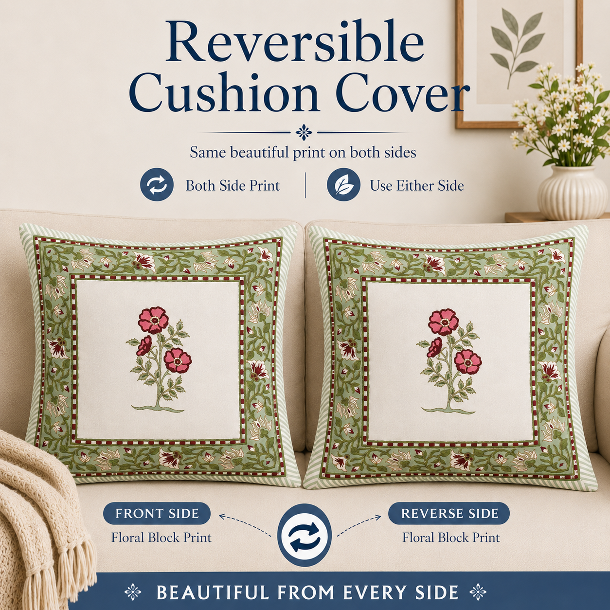 Blush Bloom Cushion Covers 16x16 Inches Pack of 5 | Jaipuri Hand Block Print Cotton Pillow Covers | Soft 300 TC Decorative Throw Cushion Cover Set