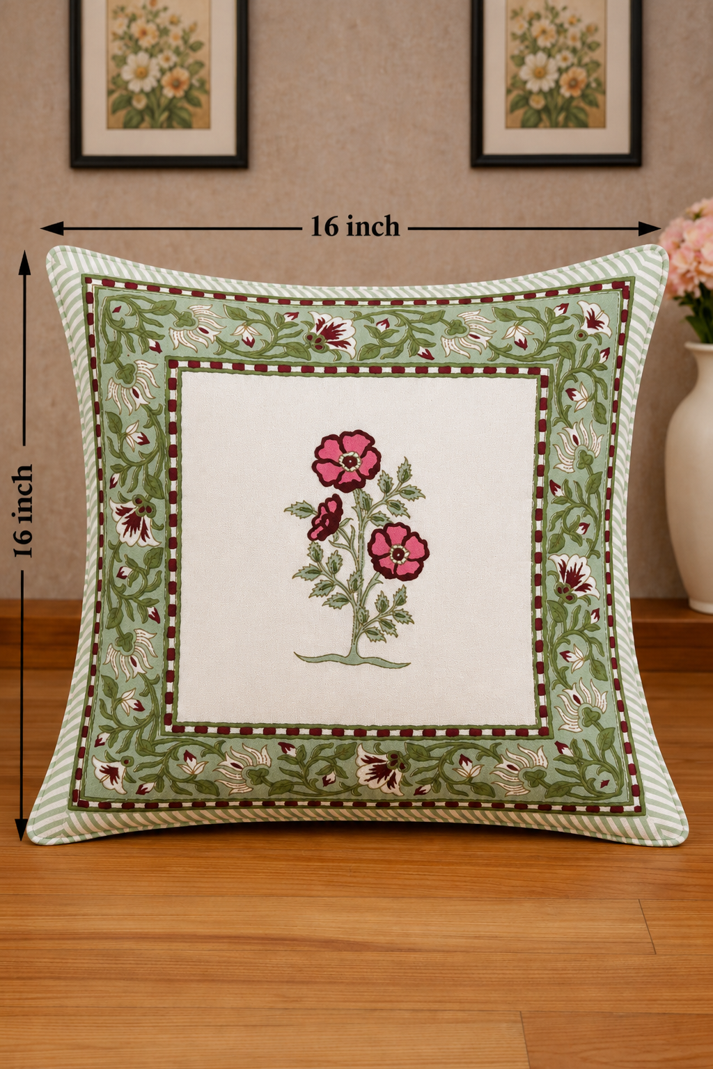 Blush Bloom Cushion Covers 16x16 Inches Pack of 5 | Jaipuri Hand Block Print Cotton Pillow Covers | Soft 300 TC Decorative Throw Cushion Cover Set