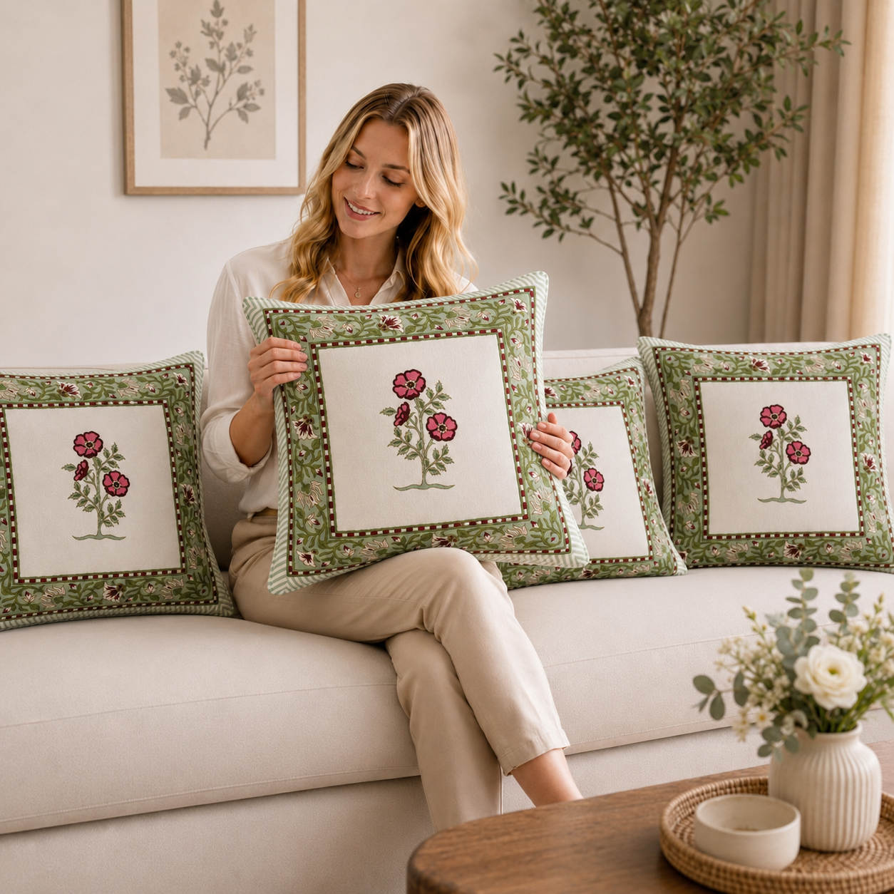 Blush Bloom Cushion Covers 16x16 Inches Pack of 5 | Jaipuri Hand Block Print Cotton Pillow Covers | Soft 300 TC Decorative Throw Cushion Cover Set