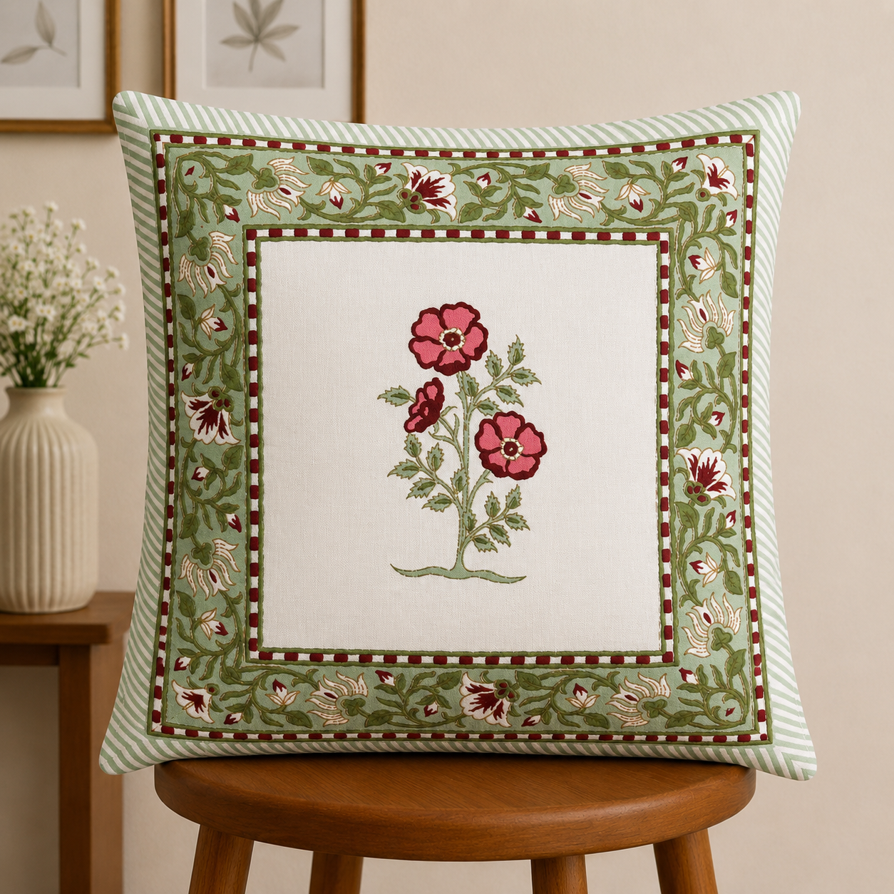 Blush Bloom Cushion Covers 16x16 Inches Pack of 5 | Jaipuri Hand Block Print Cotton Pillow Covers | Soft 300 TC Decorative Throw Cushion Cover Set