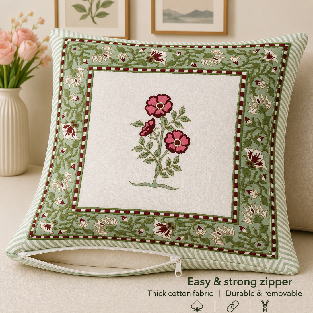 Blush Bloom Cushion Covers 16x16 Inches Pack of 5 | Jaipuri Hand Block Print Cotton Pillow Covers | Soft 300 TC Decorative Throw Cushion Cover Set
