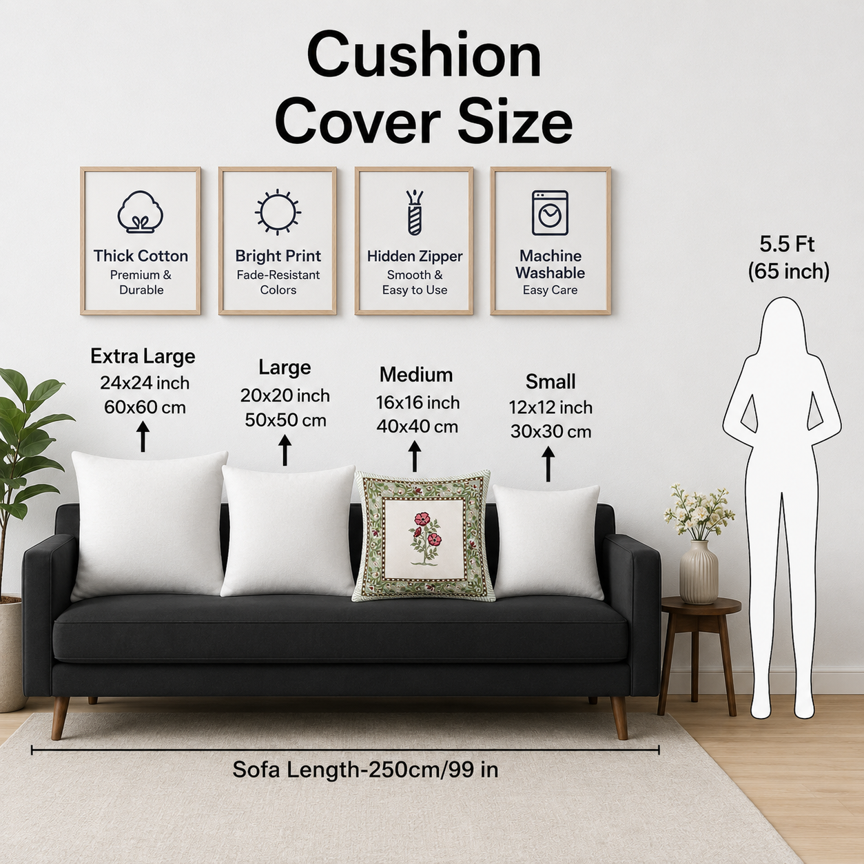 Blush Bloom Cushion Covers 16x16 Inches Pack of 5 | Jaipuri Hand Block Print Cotton Pillow Covers | Soft 300 TC Decorative Throw Cushion Cover Set