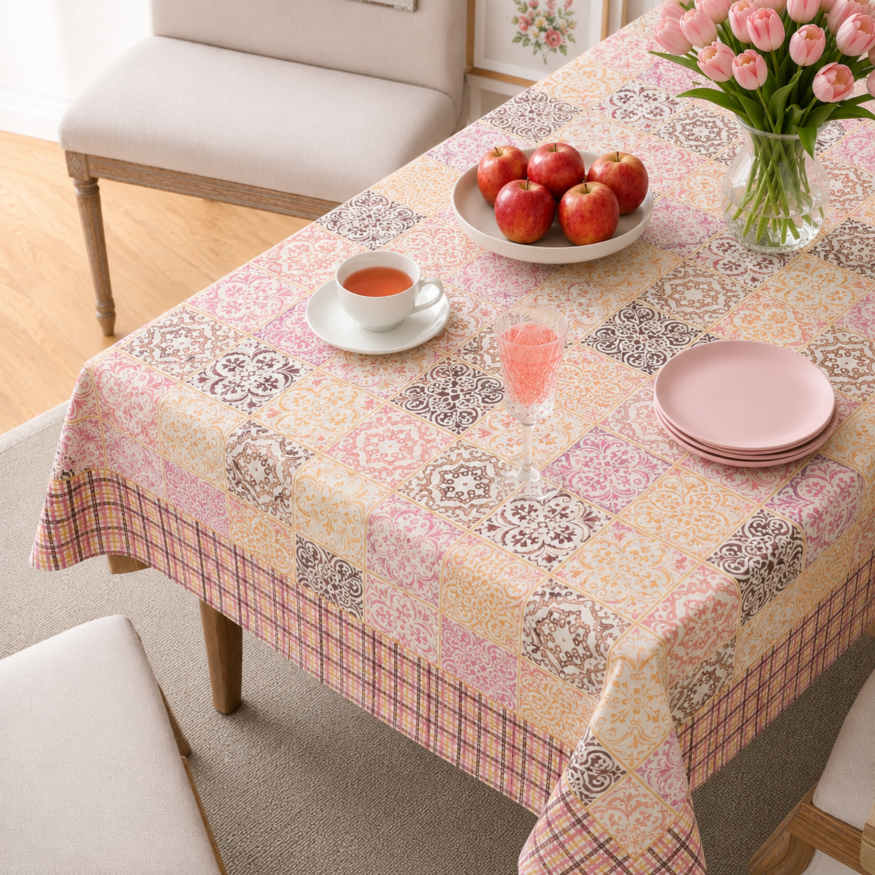 Pink hand block printed cotton table cover 6 seater 60x90 inches
