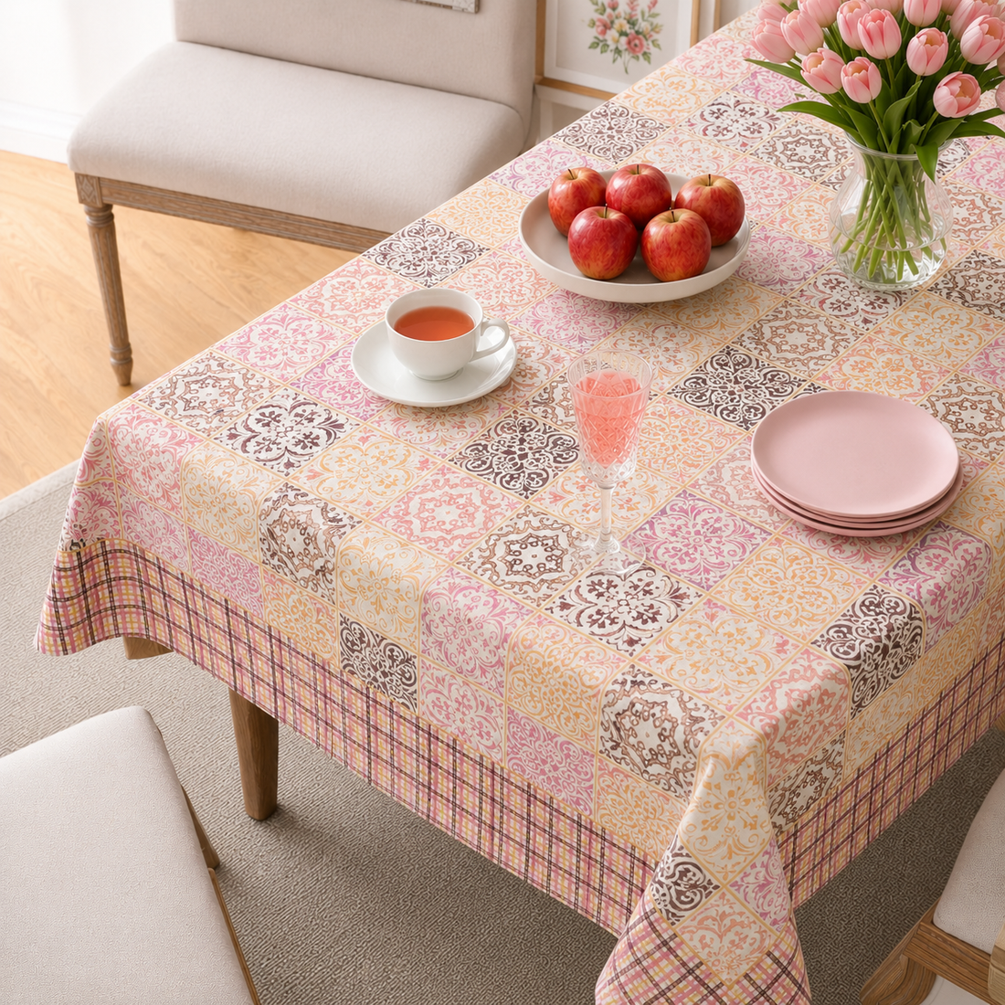 Pink hand block printed cotton table cover 6 seater 60x90 inches
