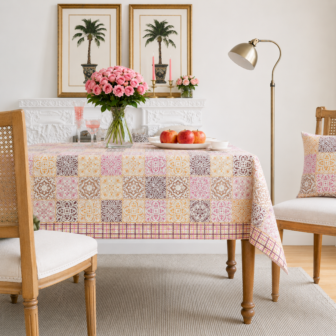 Blush Grid Hand Block Printed Cotton Table Cover I 6 Seater