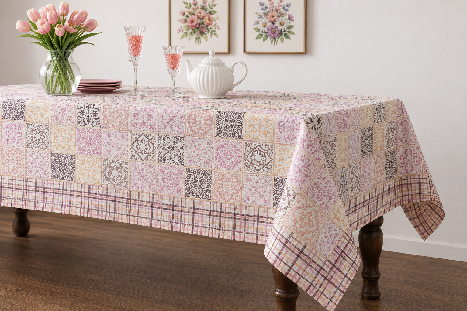 Blush Grid Hand Block Printed Cotton Table Cover I 6 Seater