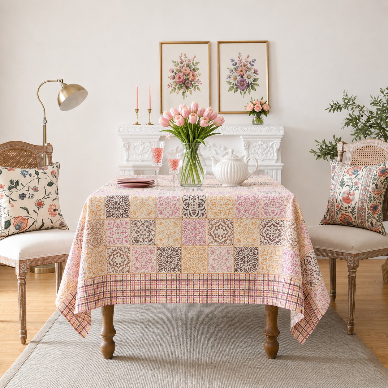 Blush Grid Hand Block Printed Cotton Table Cover I 6 Seater