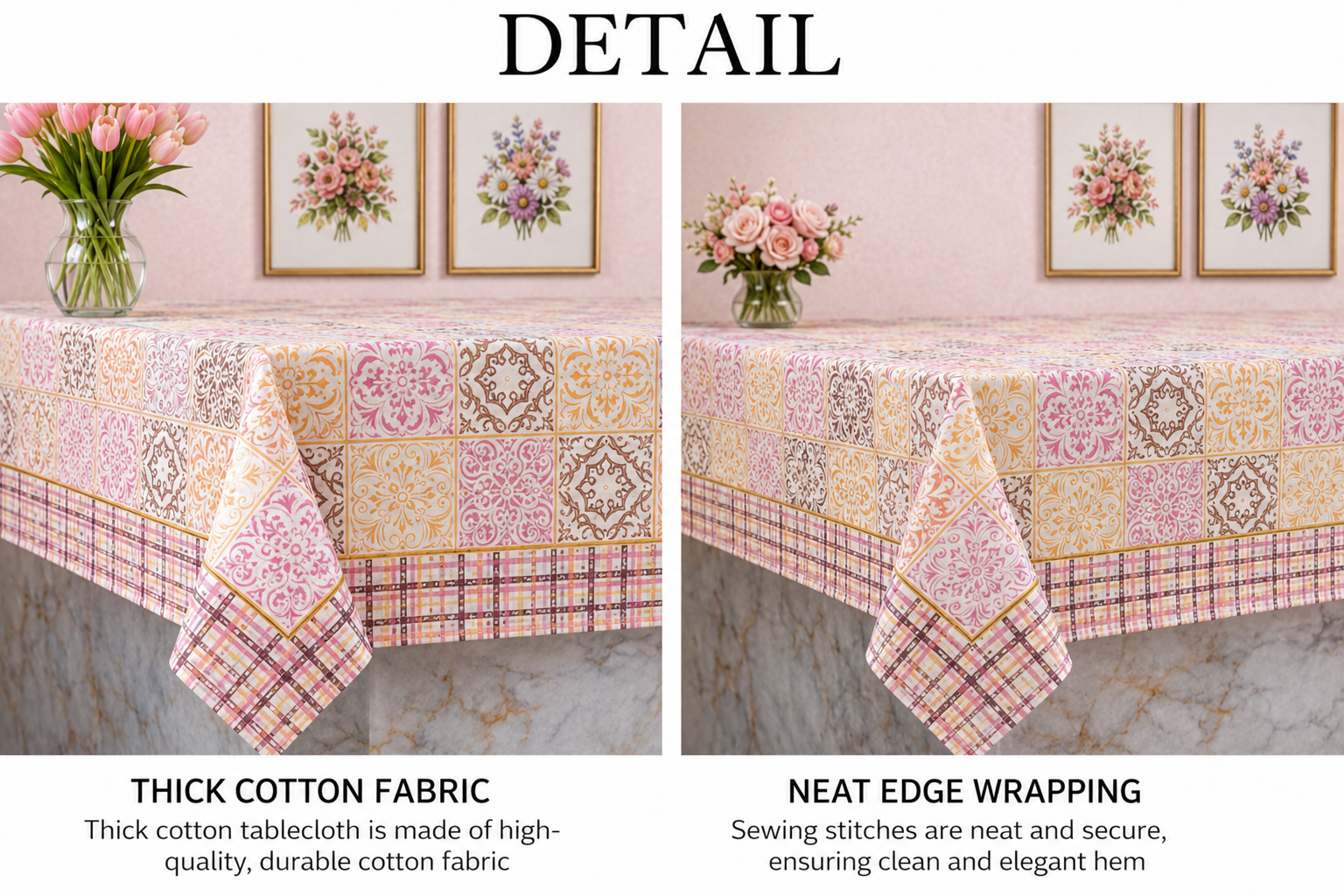 Blush Grid Hand Block Printed Cotton Table Cover I 6 Seater