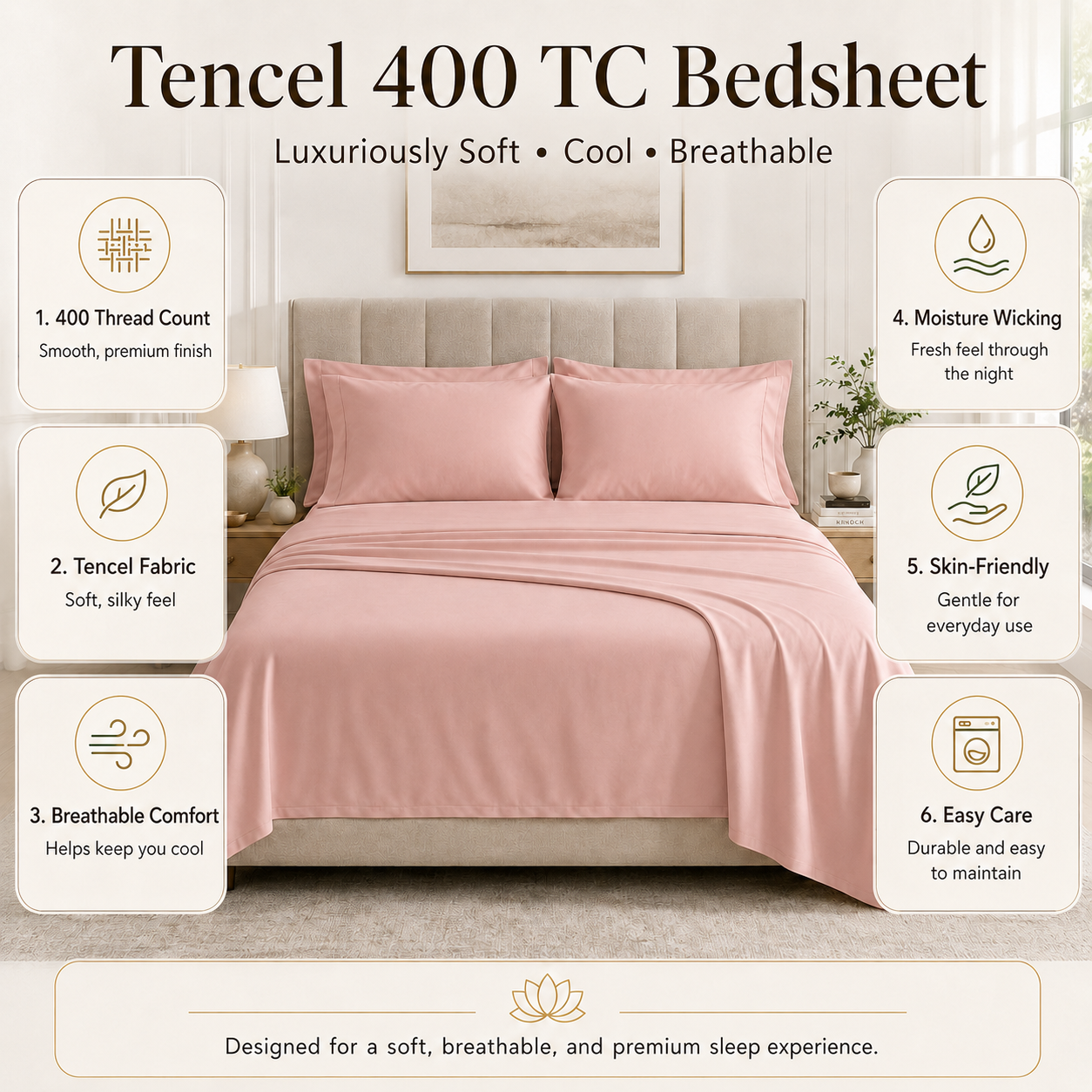 Blush Pink 400 TC Pure Cotton King Size Bedsheet with 2 Pillow Covers