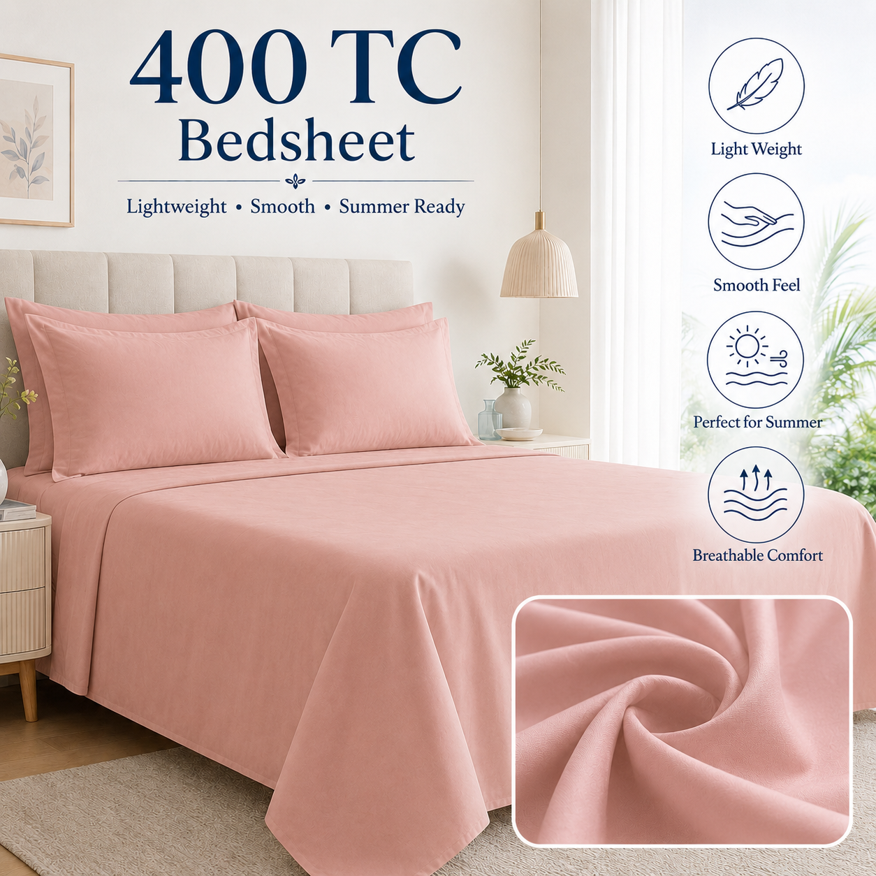 Blush Pink 400 TC Pure Cotton King Size Bedsheet with 2 Pillow Covers