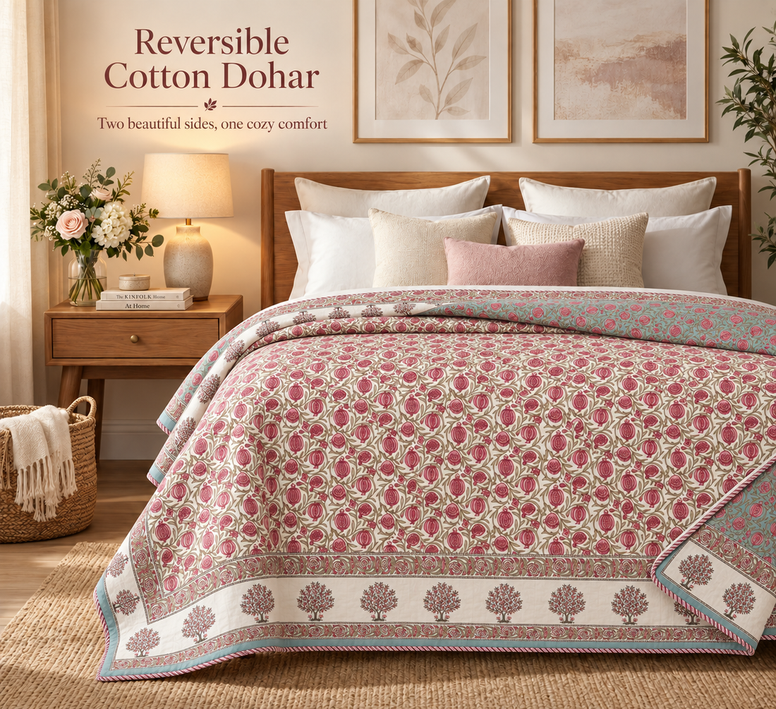Hand Block Printed Gulabi Buta Cotton Double Dohar | 90x100 Lightweight Quilt