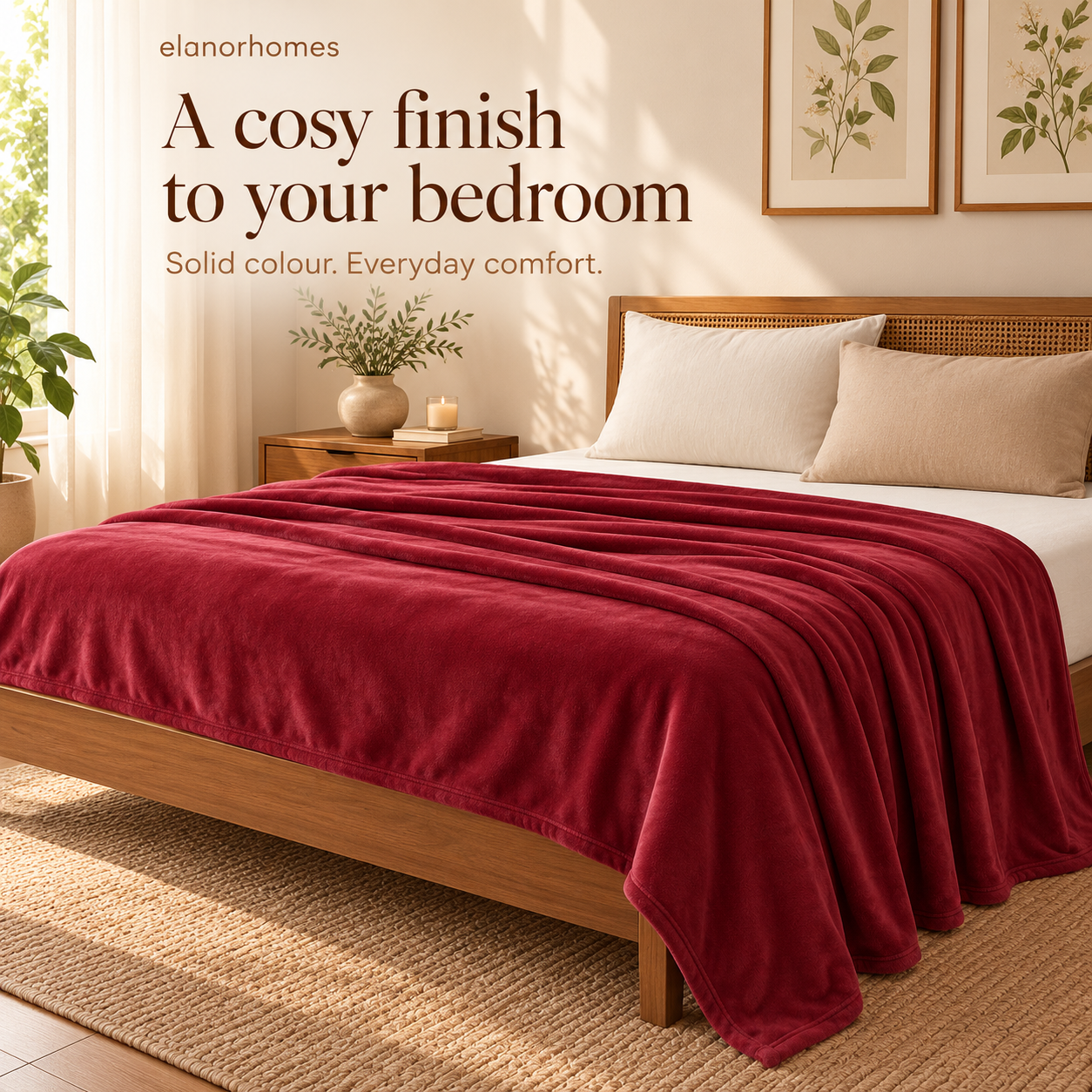 Crimson Embrace Flannel Solid Double Blanket, 220 Gsm, Warm Embrace