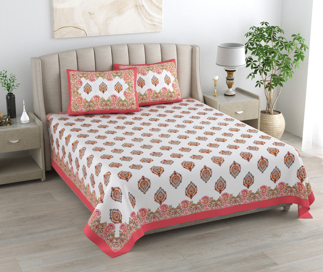 Pink Paisley Hand Block Printed Cotton King Bedsheet Set